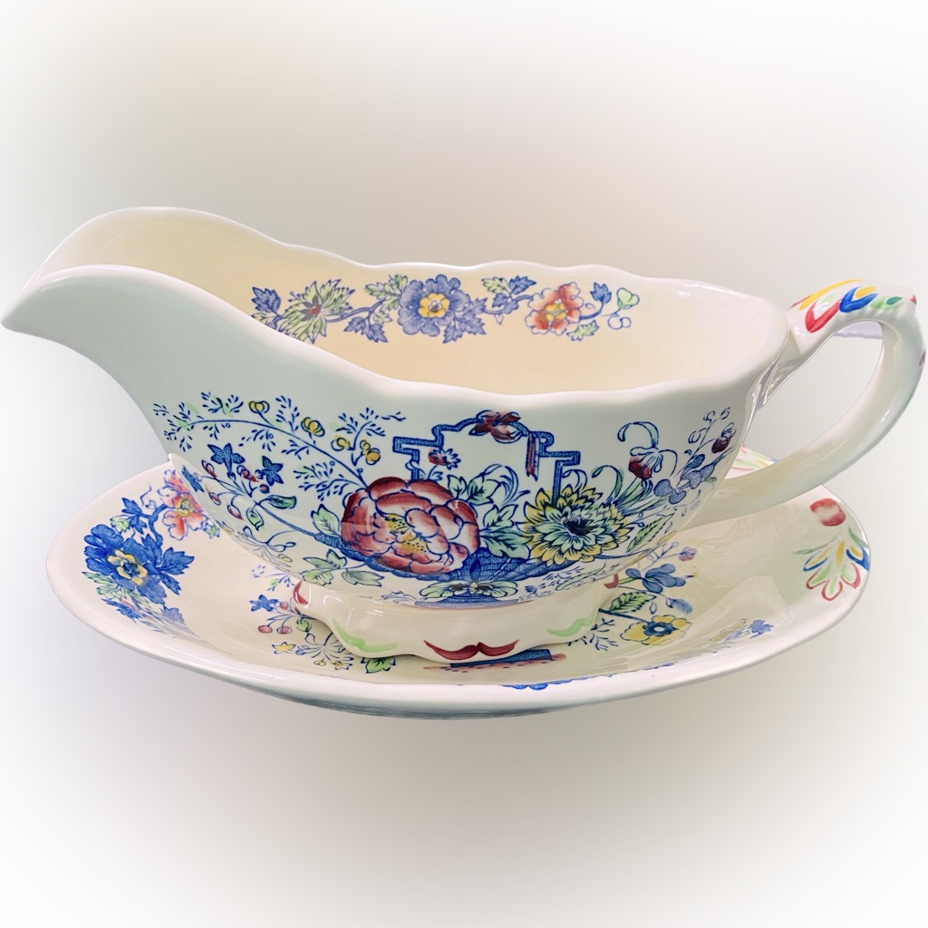 Franciscan Strathmore Ironstone Blue Multicolor Gravy Boat And Underplate